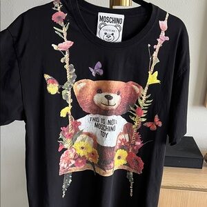 Moschino Black Tee with Bear and Floral Accents